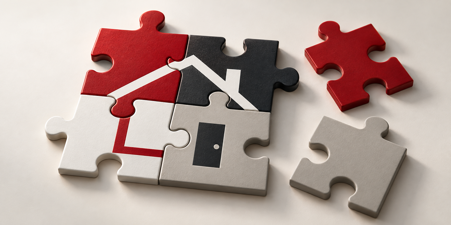 Red, charcoal and white interlocking puzzle pieces form a house, with two loose pieces nearby representing the perspectives still being brought together in restoration advocacy.
