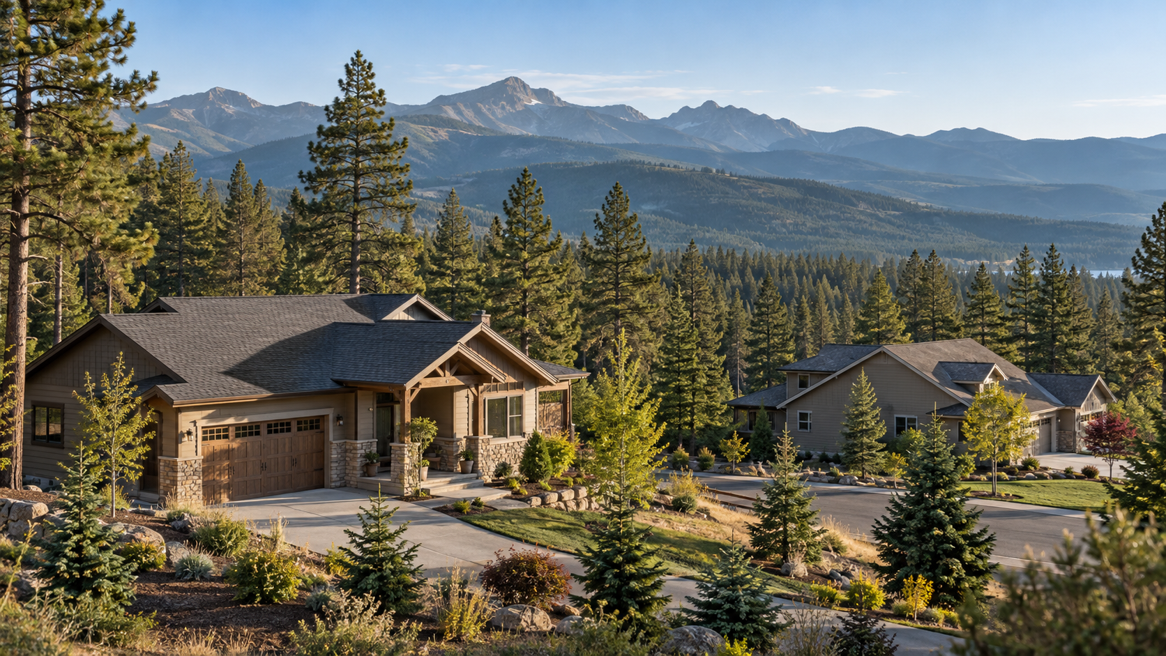 AI-generated conceptual illustration of fictional homes near a forest. It does not depict a specific project or certify wildfire safety.
