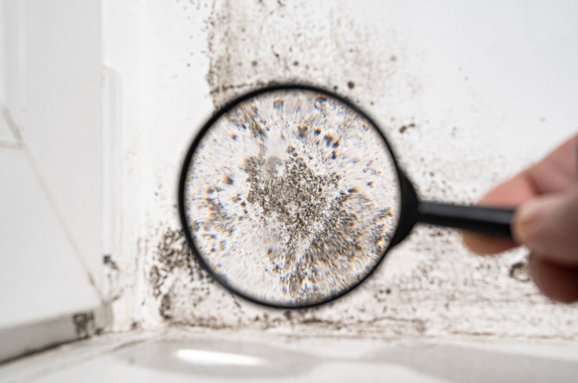 view through a magnifying glass. white wall with black mold